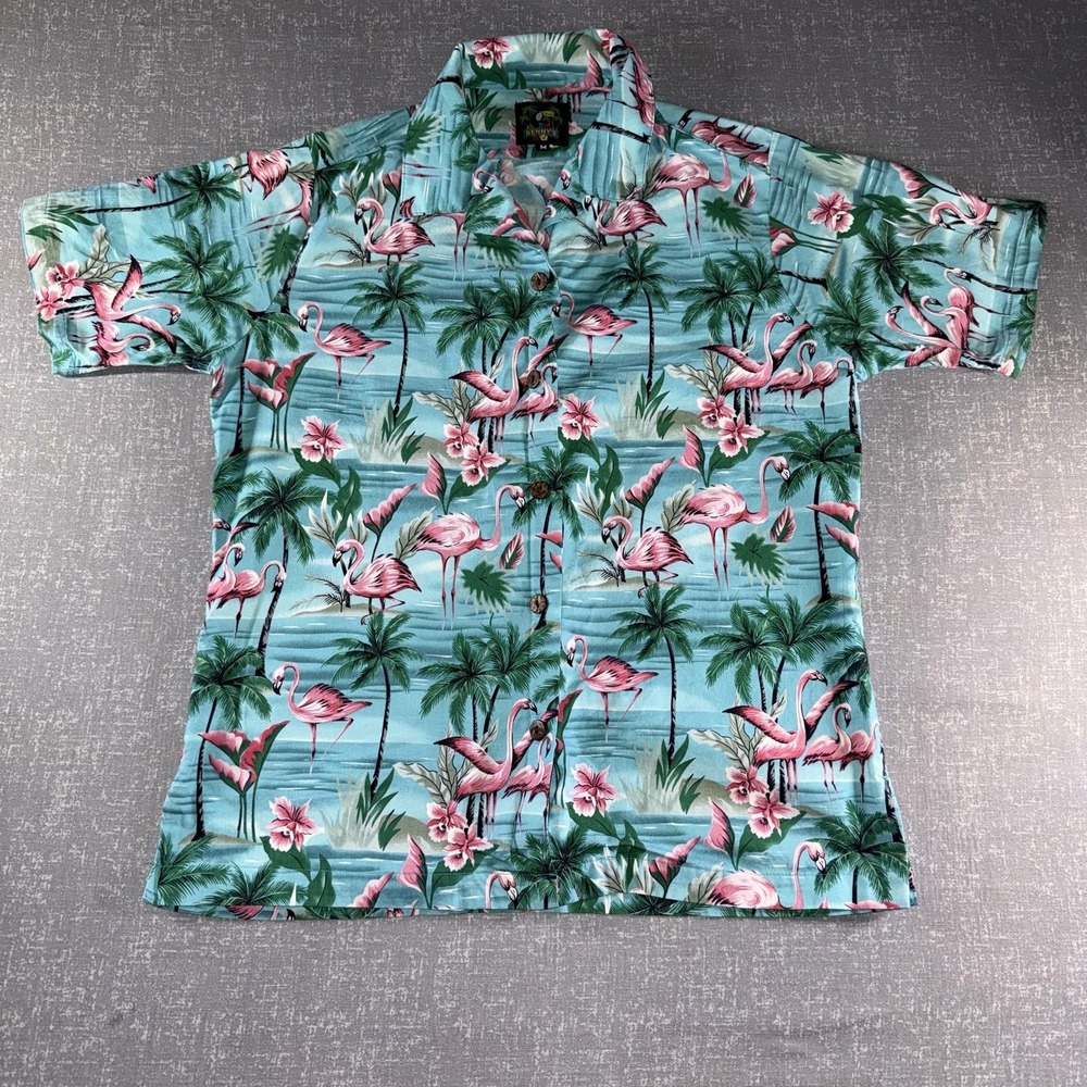 Benny's Shirt‎ Mens Medium Blue Flamingo Palm Tree Hawaiian Aloha Button Up